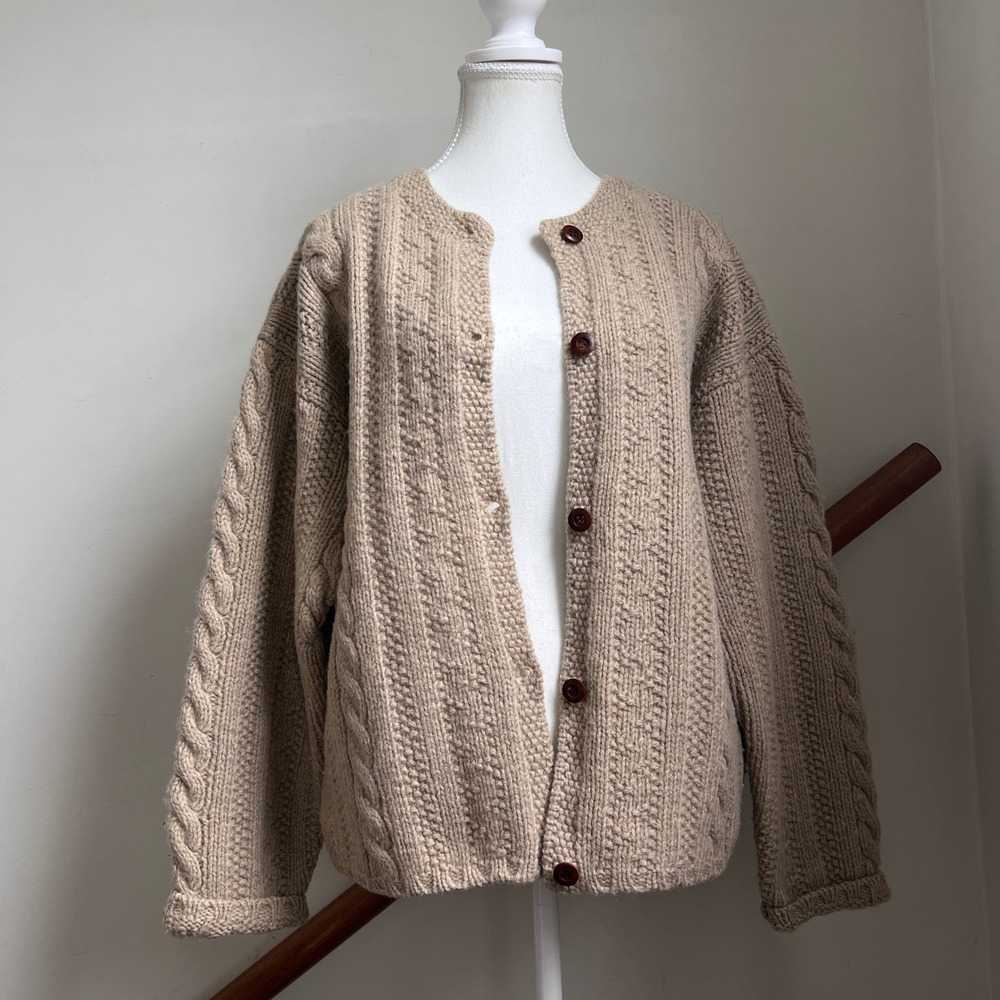 Vintage J.Crew Fisherman Cardigan Sweater Shetland Wool Boxy Cable Knit Large - Picture 2 of 10